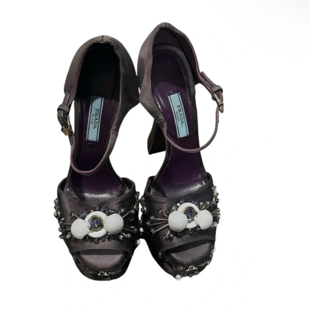 Authentic Prada luxury designer runway satin embellished platform heels sz 8